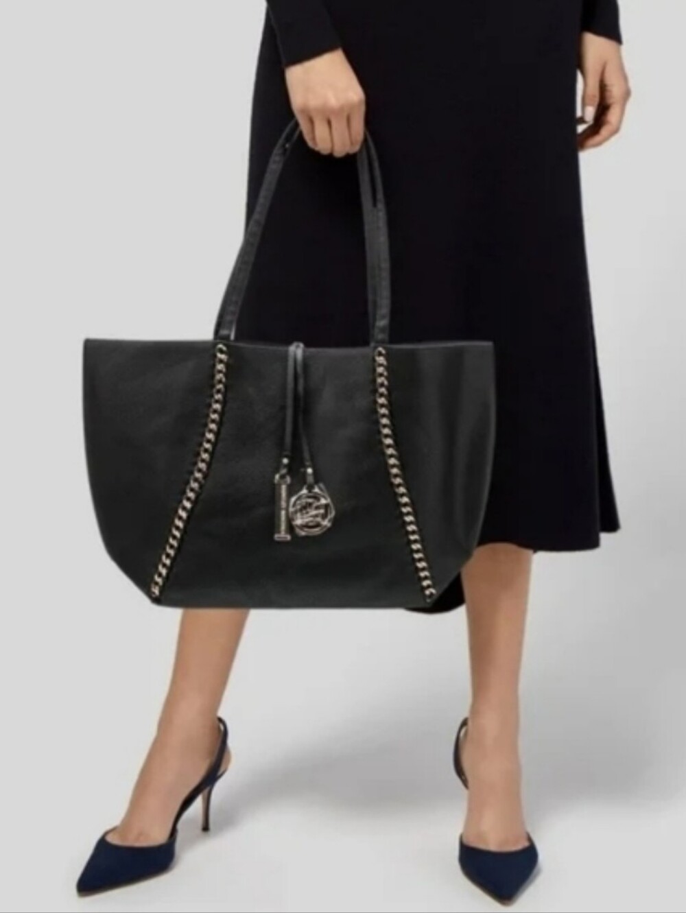 NWOT Badgley Mischka Black Faux Leather Large Chain Link Tote Bag With Charms